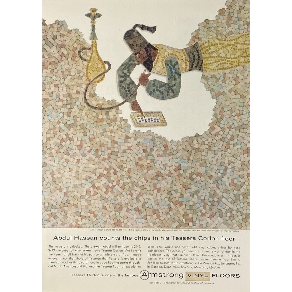 Armstrong Vinyl Floors "Abdul Hassan Counts the Chips in Tessera Corlon" Ad 1960